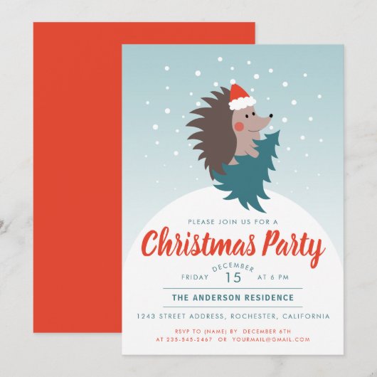 Niedliches und modernes Igel Weihnachts-Party Einladung (Vorne/Hinten)