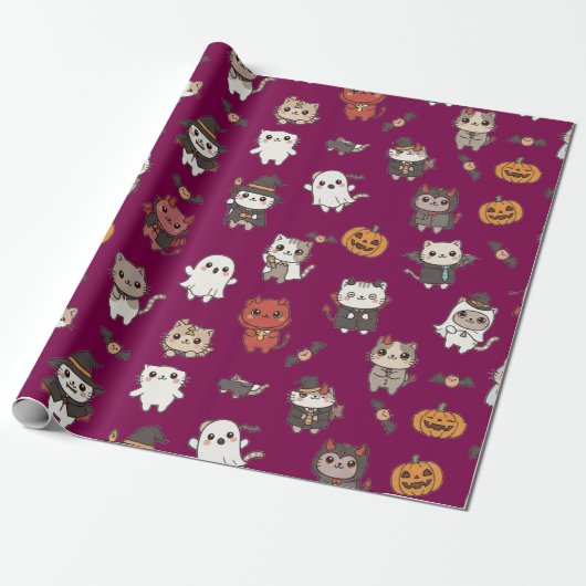 Niedliches und unheimliches Halloween-Katzenwackel Geschenkpapier (Ungerollt)