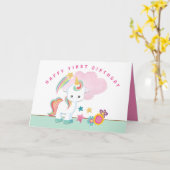 Niedliches Unicorn Happy First Birthday Karte (Gelbe Blume)