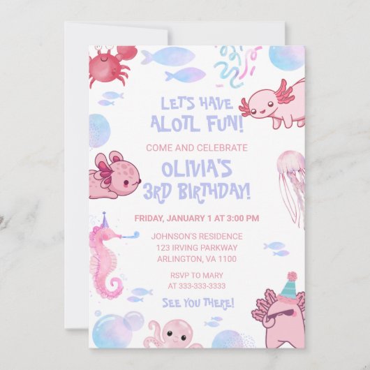 Niedliches Unterwasser Axolotl Kinder Rosa Spaß Ge Einladung (Vorderseite)