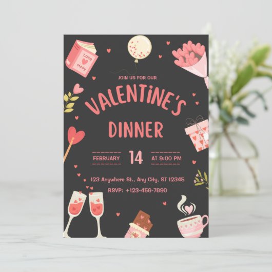 Niedliches Valentinabendessen in Schwarz und Rosa Einladung (Stehend Vorderseite)