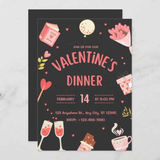 Niedliches Valentinabendessen in Schwarz und Rosa Einladung (Vorne/Hinten)