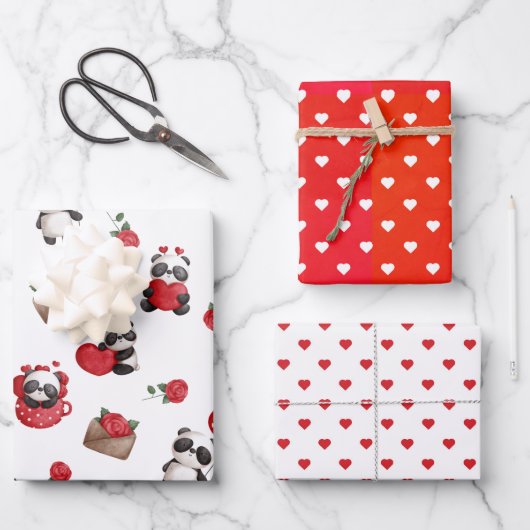 Niedliches Valentine Panda Bears Set von 3 Designs Geschenkpapier Set (Vorderseite)
