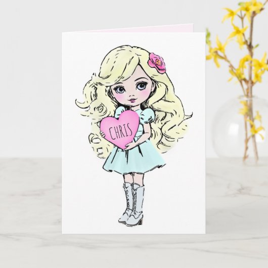 Niedliches Valentinisches Girl Holding Herz Karte (Gelbe Blume)