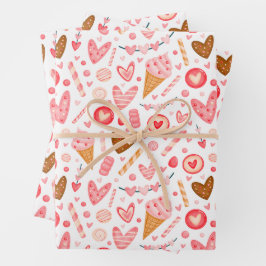Niedliches Valentintagsherz, Süßigkeiten und Eiscr Geschenkpapier Set