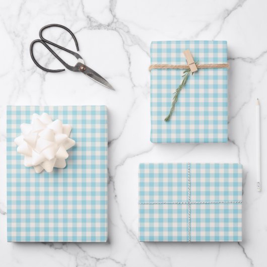 Niedliches Vintages Aqua Blue Gingham Kariertes Mu Geschenkpapier Set (Vorderseite)