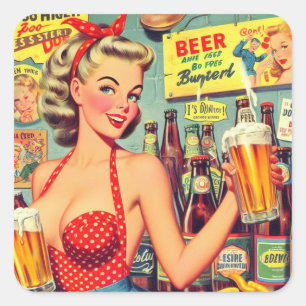 Niedliches Vintages Bier-Button Quadratischer Aufkleber