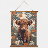 Niedliches Vintages Hochlandkuhdaisy-Feld Wandteppich Mit Holzrahmen (Vorderseite)