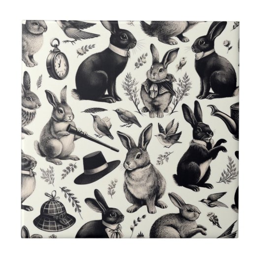 Niedliches Vintages Kaninchenmuster Fliese (Vorderseite)