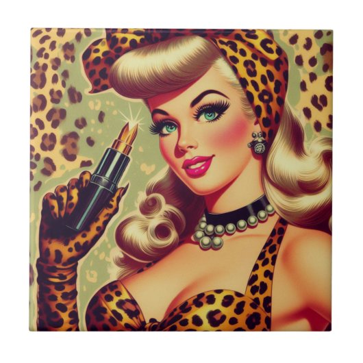Niedliches Vintages Leopard Print Girl Fliese (Vorderseite)