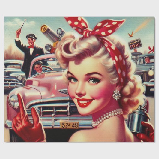 Niedliches Vintages Mädchen der 50er Jahre Geschenkpapier (Flach)