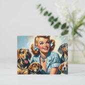 Niedliches Vintages Mädchen mit Welpen Postkarte (Stehend Vorderseite)