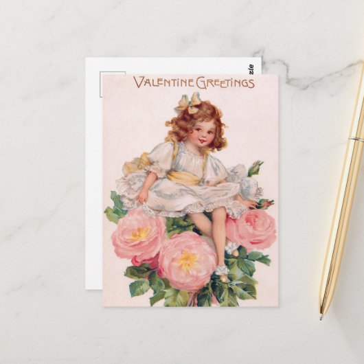 niedliches Vintages Mädchen Valentines Grüße Postkarte (Vorderseite/Rückseite Beispiel)