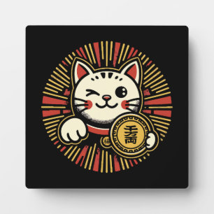 Niedliches Vintages Maneki Neko Lucky Cat, Erfolgs Fotoplatte