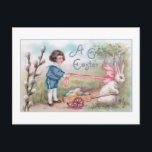 Niedliches Vintages Osterhasen, Junge, Eier im War Postkarte<br><div class="desc">Whimsikaler und nostalgischer Vintager Ostergruss mit weißem Hasen mit rosa Band,  gehalten von niedlichen Jungen in blauen Seemann Anzug,  kleiner Karren gefüllt mit gefärbten Eiern und Falten von pussy Weiden.</div>