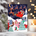 Niedliches Vintages Santa Christmas Nordic Village Feiertagskarte<br><div class="desc">Die Nacht vor Weihnachten mit dem Vater Weihnachten in seinem Schlitten und seine Rentiere Rudolf der Rentier über einem nordischen Dorf Xmas Holiday Schneeballlandschaft Illustration. Original-Kunstwerk von Caroline Bonne Müller</div>