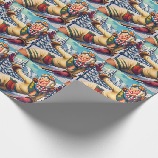 Niedliches Vintages Ski-Button Geschenkpapier (Ecke)