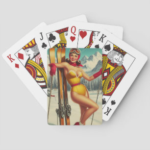 Niedliches Vintages Ski-Button Spielkarten