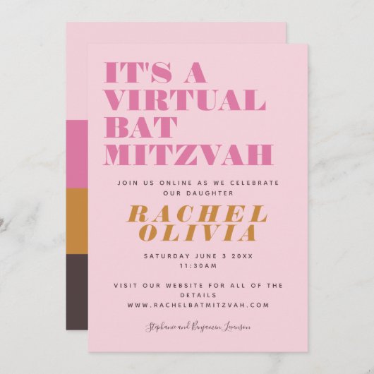Niedliches virtuelles Online-Rosa Gelbe Bat Mitzva Einladung (Vorne/Hinten)