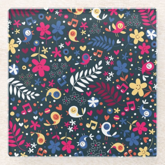 niedliches Vogel- und Blumenmuster Glasuntersetzer (Vorderseite)