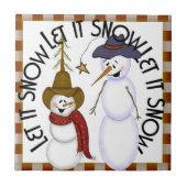 Niedliches Volkskunst-Cowboysnowman-Weihnachten Fliese (Vorderseite)