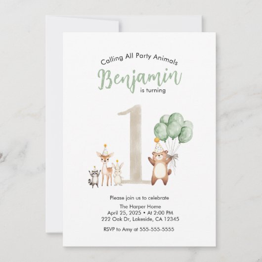 Niedliches Wald, das alle Tiere des Party anruft Einladung (Vorderseite)