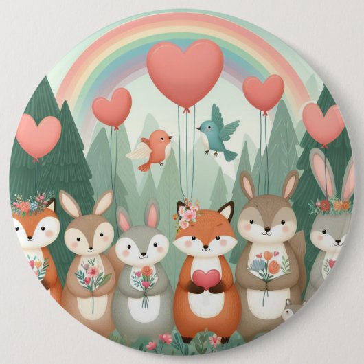 Niedliches Wald-Kreatur-Regenbogenvalentin Button (Vorderseite)