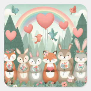 Niedliches Wald-Kreatur-Regenbogenvalentin Quadratischer Aufkleber