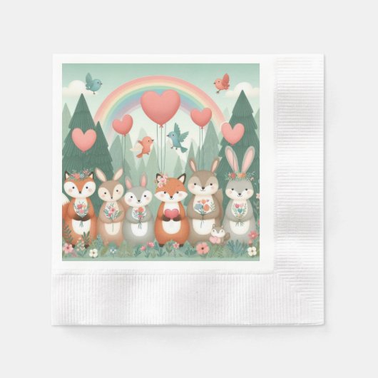 Niedliches Wald-Kreatur-Regenbogenvalentin Serviette (Vorderseite)