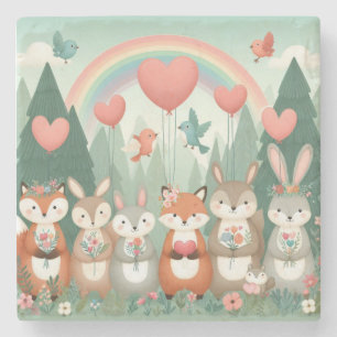 Niedliches Wald-Kreatur-Regenbogenvalentin Steinuntersetzer