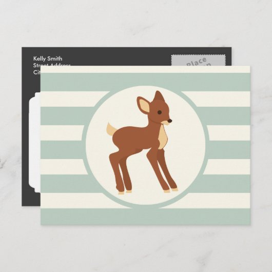 Niedliches Waldhirsch; Sandgrün Streifen Postkarte (Vorne/Hinten)