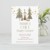 Niedliches Waldland Happy Camper Erster Geburtstag Einladung (Stehend Vorderseite)