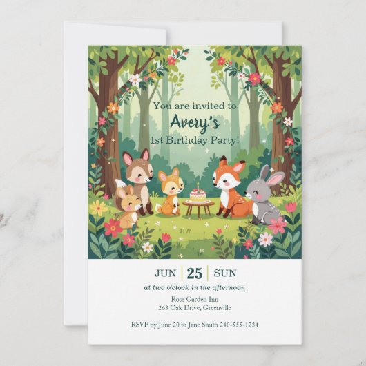 Niedliches Waldtierkind Geburtstag Einladung (Vorderseite)