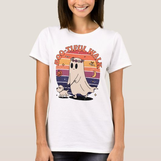 Niedliches Walk Dog Ghost Niedliche Halloween-Gesc T-Shirt (Vorderseite)