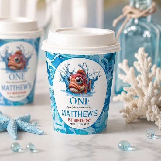 Niedliches Wasser Blauer Fisch 1. Geburtstag Pappbecher