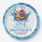 Niedliches Wasser Blauer Fisch 1. Geburtstag Pappteller (Vorderseite)