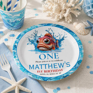 Niedliches Wasser Blauer Fisch 1. Geburtstag Pappteller