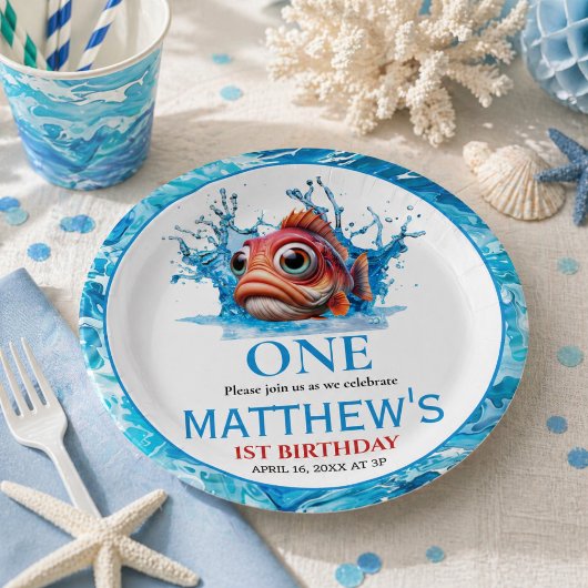 Niedliches Wasser Blauer Fisch 1. Geburtstag Pappteller