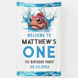 Niedliches Wasser Blauer Fisch 1. Geburtstag Party Banner