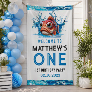 Niedliches Wasser Blauer Fisch 1. Geburtstag Party Banner