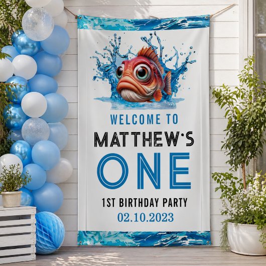 Niedliches Wasser Blauer Fisch 1. Geburtstag Party Banner