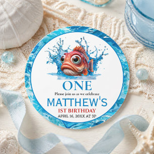 Niedliches Wasser Blauer Fisch 1. Geburtstag Runder Aufkleber