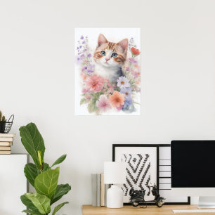 Niedliches Wasserfarben-Kätzchen mit Blumen Poster