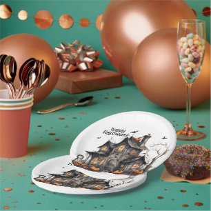 Niedliches Wasserfarben-Spuk HausHalloween Pappteller