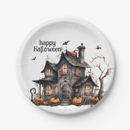 Niedliches Wasserfarben-Spuk HausHalloween Pappteller (Vorderseite)
