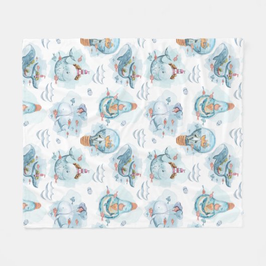 Niedliches Wasserfarbmuster für Wale Fleecedecke (Vorderseite (Horizontal))