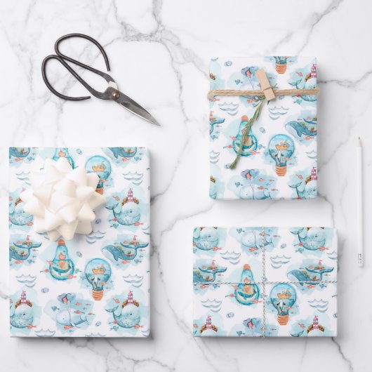 Niedliches Wasserfarbmuster für Wale Geschenkpapier Set (Vorderseite)