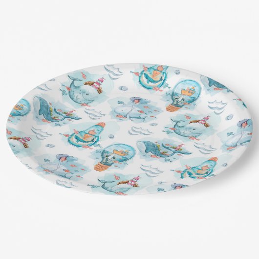 Niedliches Wasserfarbmuster für Wale Pappteller (Schrägansicht)