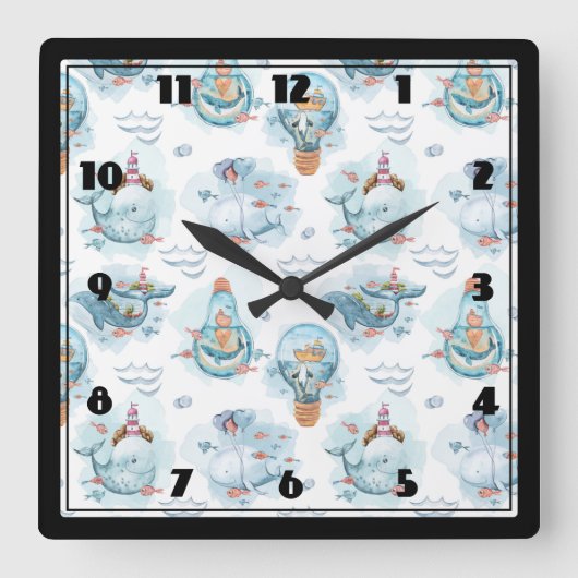 Niedliches Wasserfarbmuster für Wale Quadratische Wanduhr (Vorderseite)