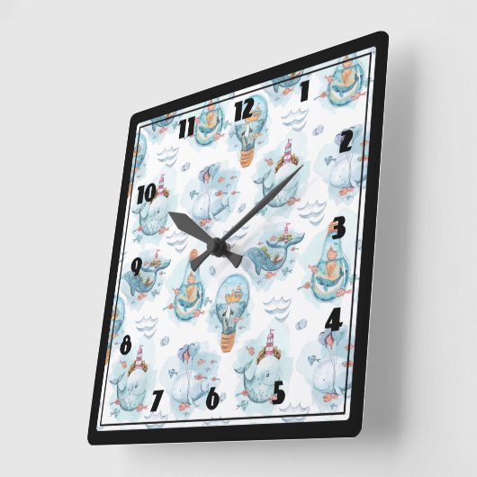 Niedliches Wasserfarbmuster für Wale Quadratische Wanduhr (Winkel)